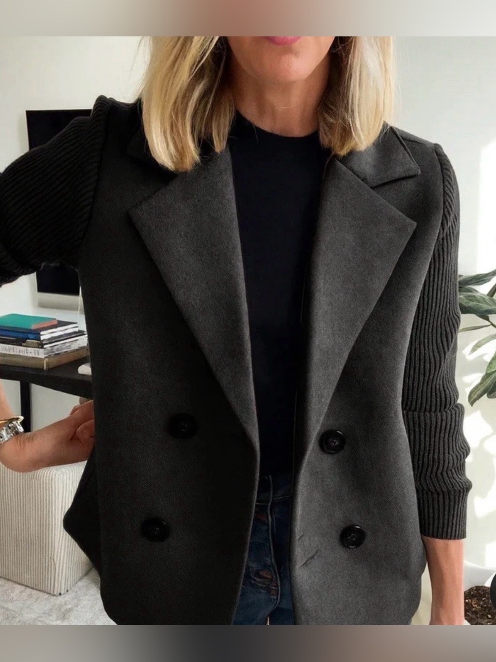 Women's Double-Breasted Black Casual Sweater Blazer Small